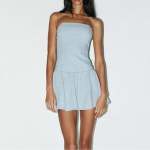 New with Tags Zara Strapless Light Blue Denim Mini Dress Size M